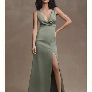 BHLDN NWT Anthropologie Piper V-Neck Side Slit Satin Gown Dress Size 4 Moss $248